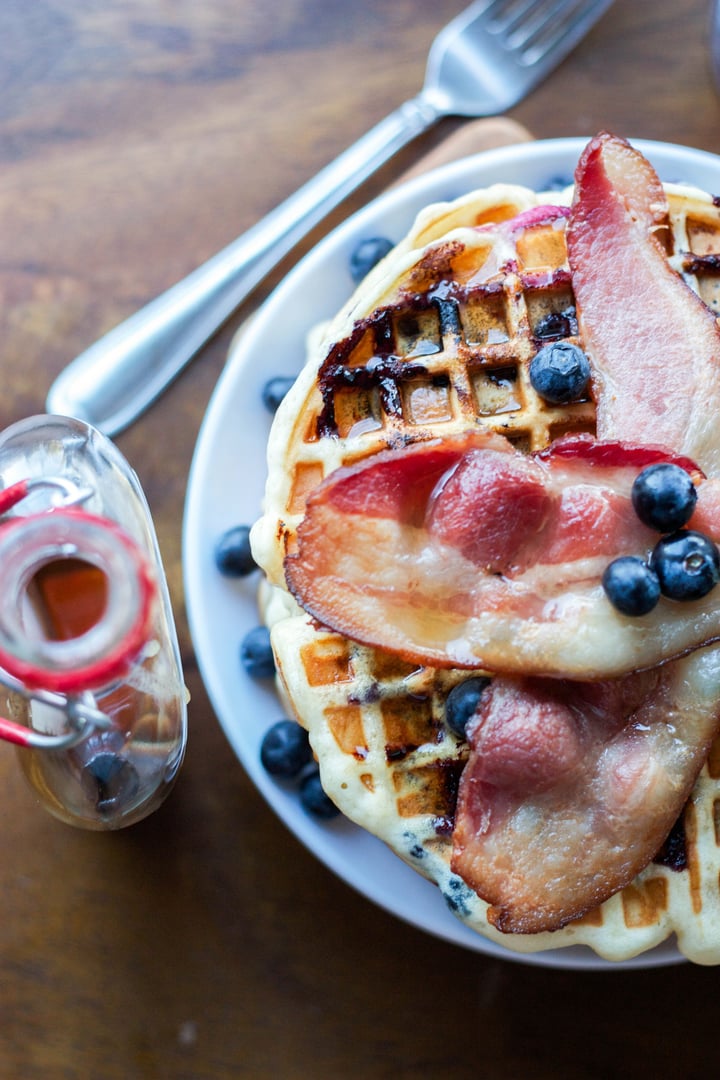 blueberry waffles topped with bacon 