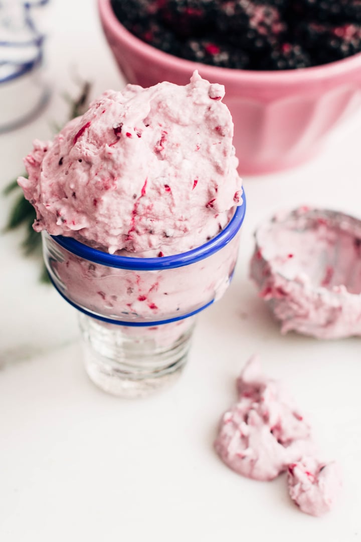 blackberry ice cream in an ice cream cone shaped glass