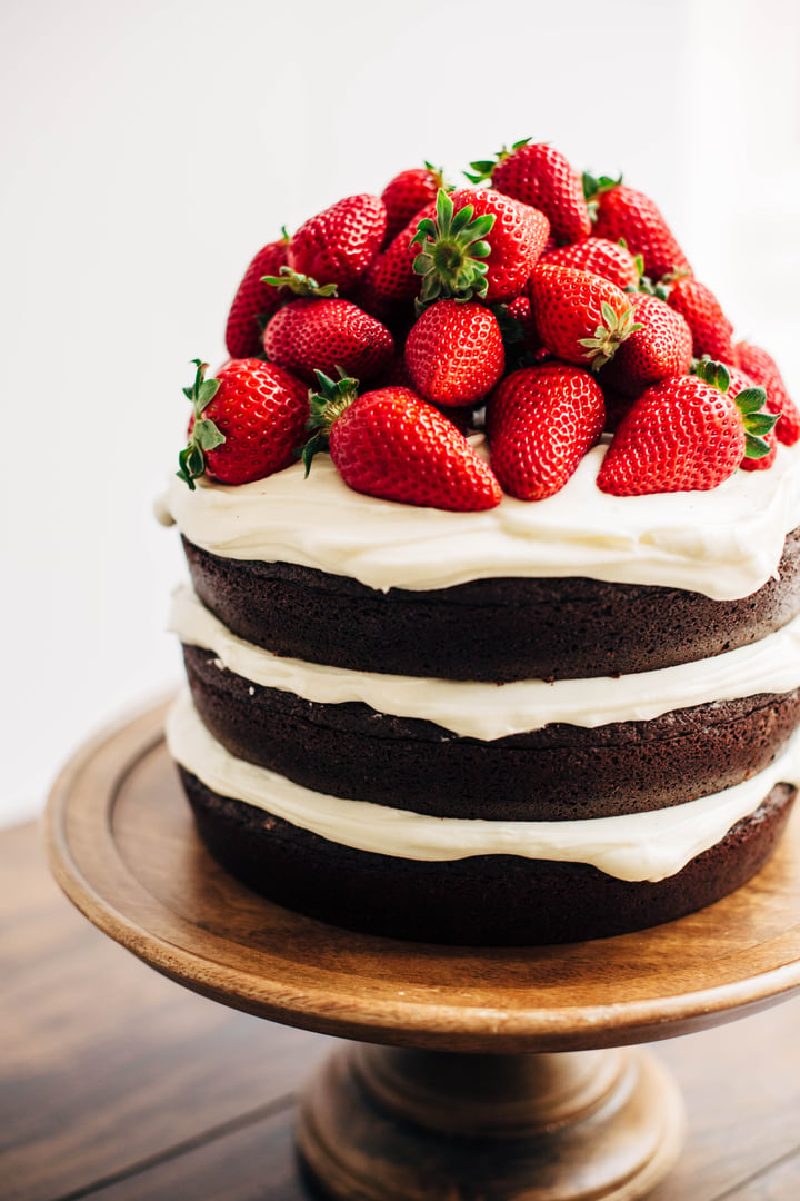chocolate cake topped with strawberries