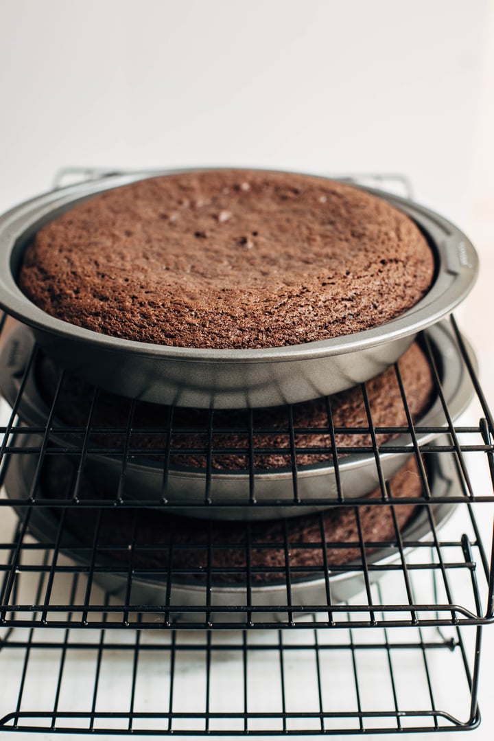 chocolate cake on a cooling rack