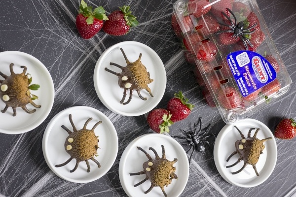 chocolate dipped strawberries with pretzel legs that make them look like spiders