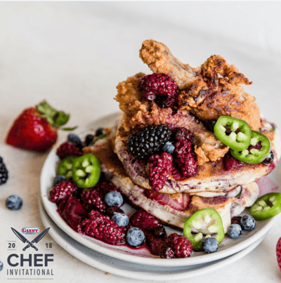 Stawberry Jalapeno Pancakes with Mixed Berry Syrup and Duck Wings