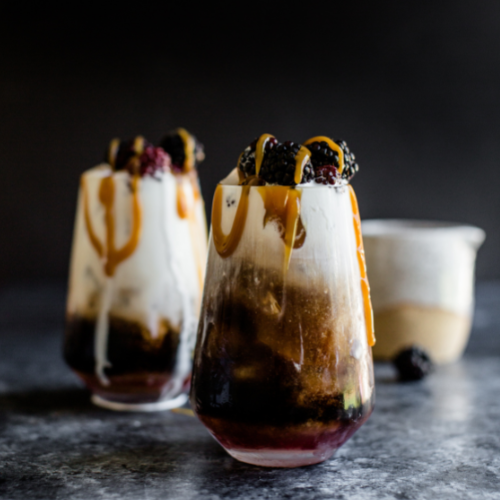 blackberry white russian topped with blackberries and caramel drizzle