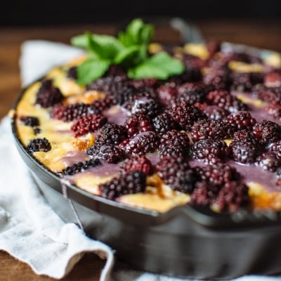 Blackberries baked on top of bread pudding