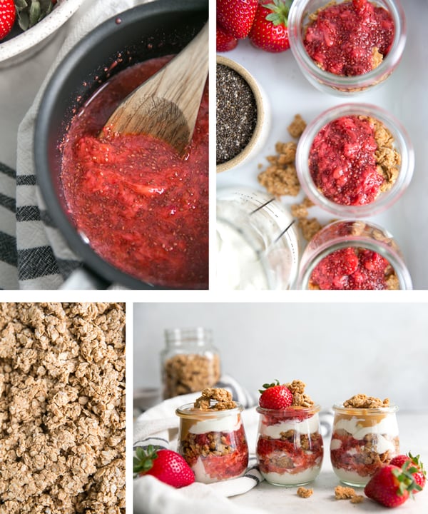 4 invididual pictures of strawberry jam with chia seeds, granola, a top view of the parfait cup, and a completed parfait jar