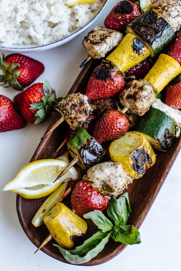 strawberry, chicken, zucchini, and squash kabobs