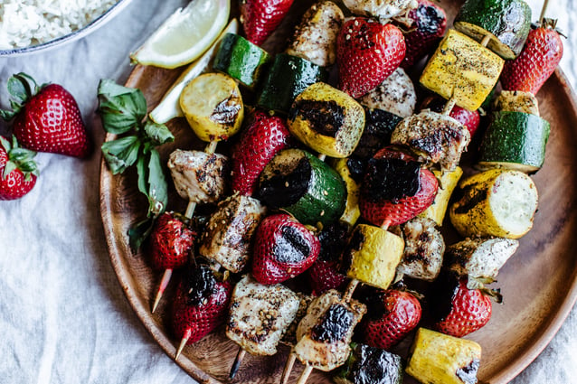 strawberry, chicken, zucchini, and squash kabobs