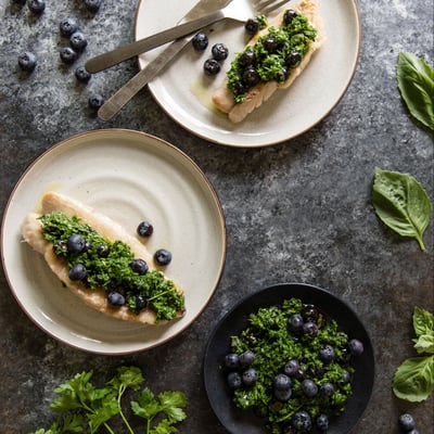 a Pan Seared Snapper topped with a blueberry chimichurri on a white plate