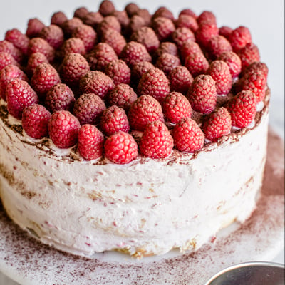 tiramisu topped with rapberries