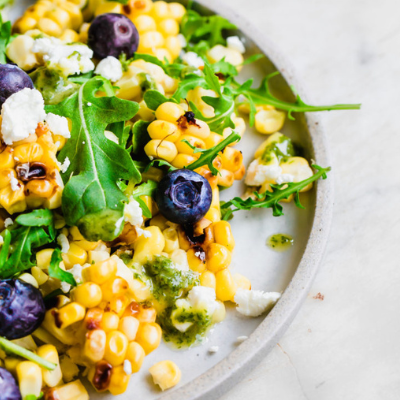 grilled corn salad with blueberries and goat cheese