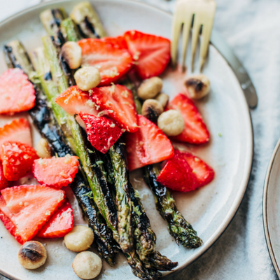 grilled asparagus topped with strawberries