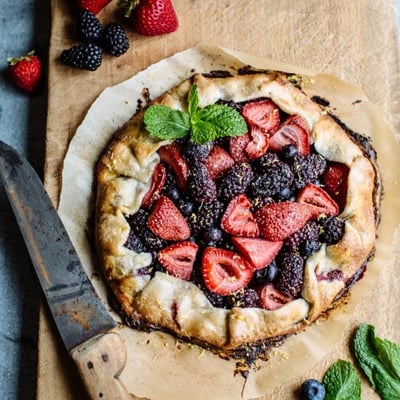 berry galette on a cutting board