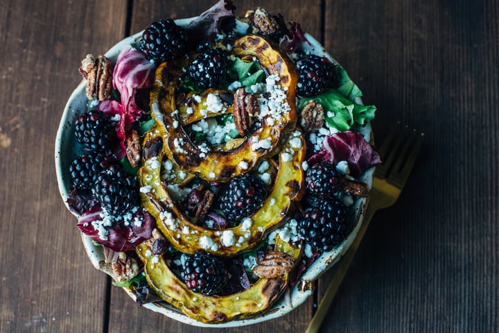 blackberry squash salad with pecans and goat cheese