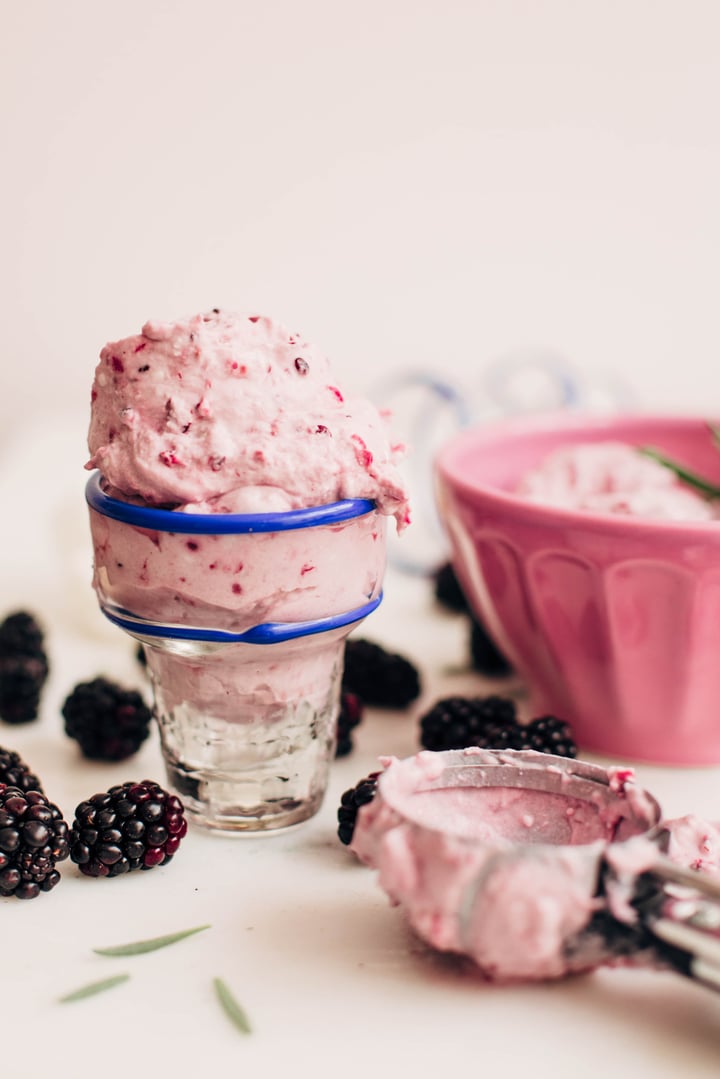 blackberry ice cream in an ice cream cone shaped glass