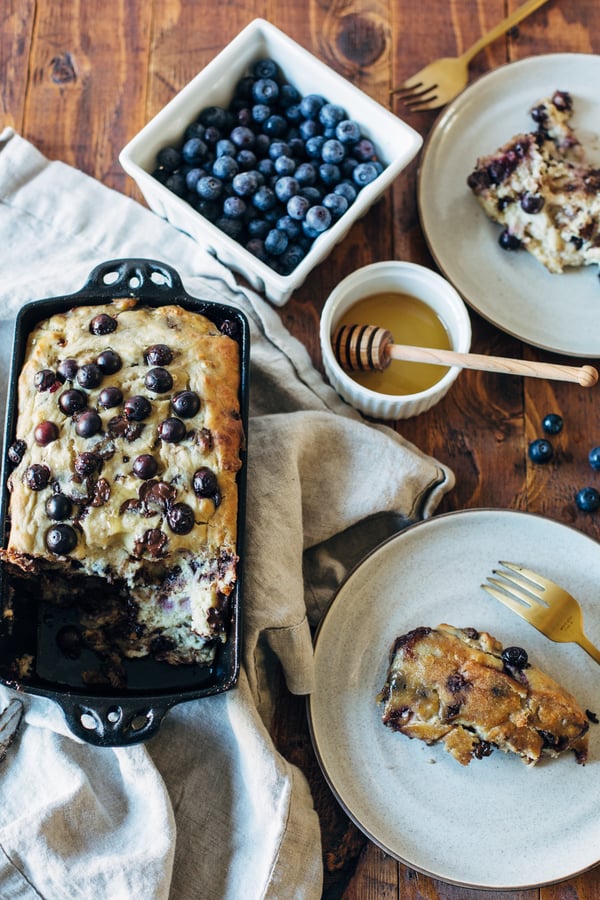 blueberry banana bread in a baking pan 