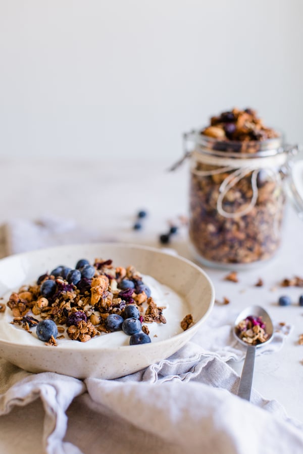 yogurt topped with granola and blueberries