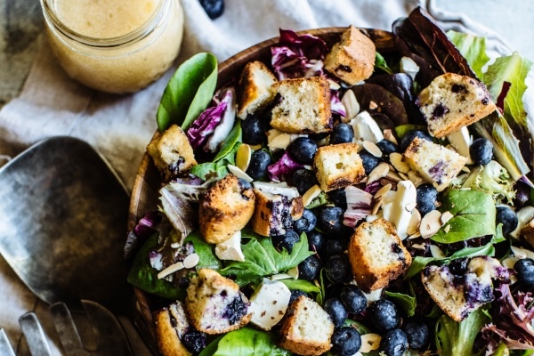 Almond and Blueberry Salad with Blueberry Muffin Croutons