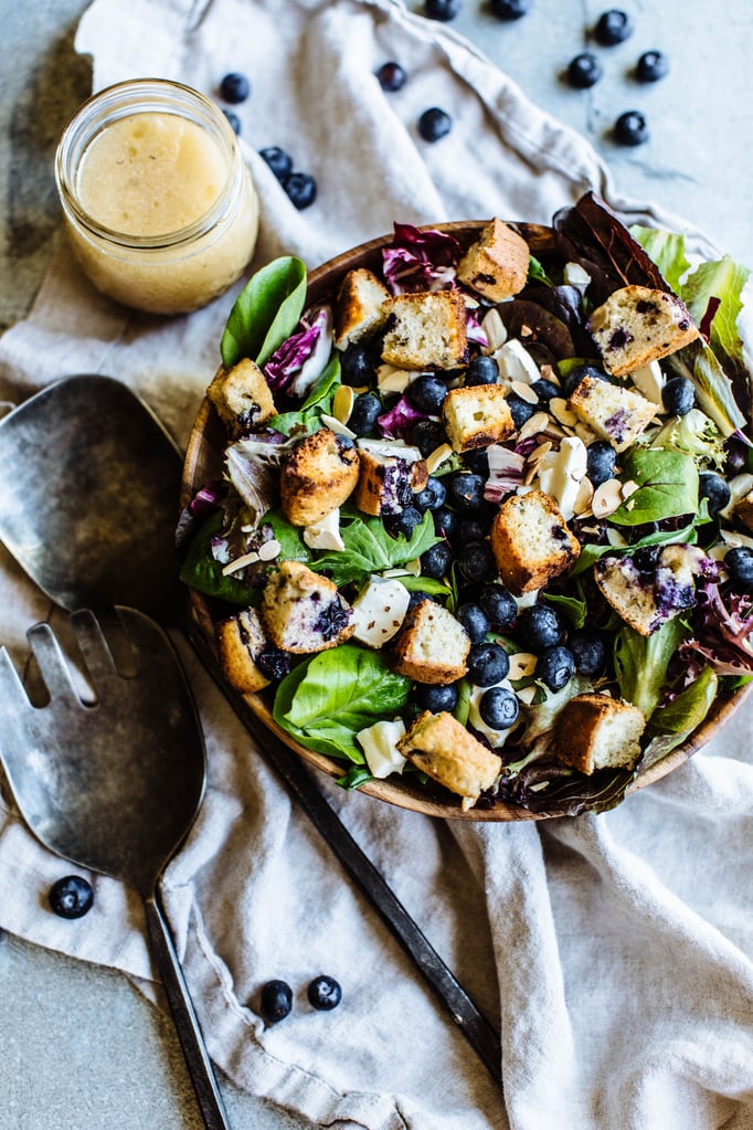 Almond and blueberry salad with blueberry croutons