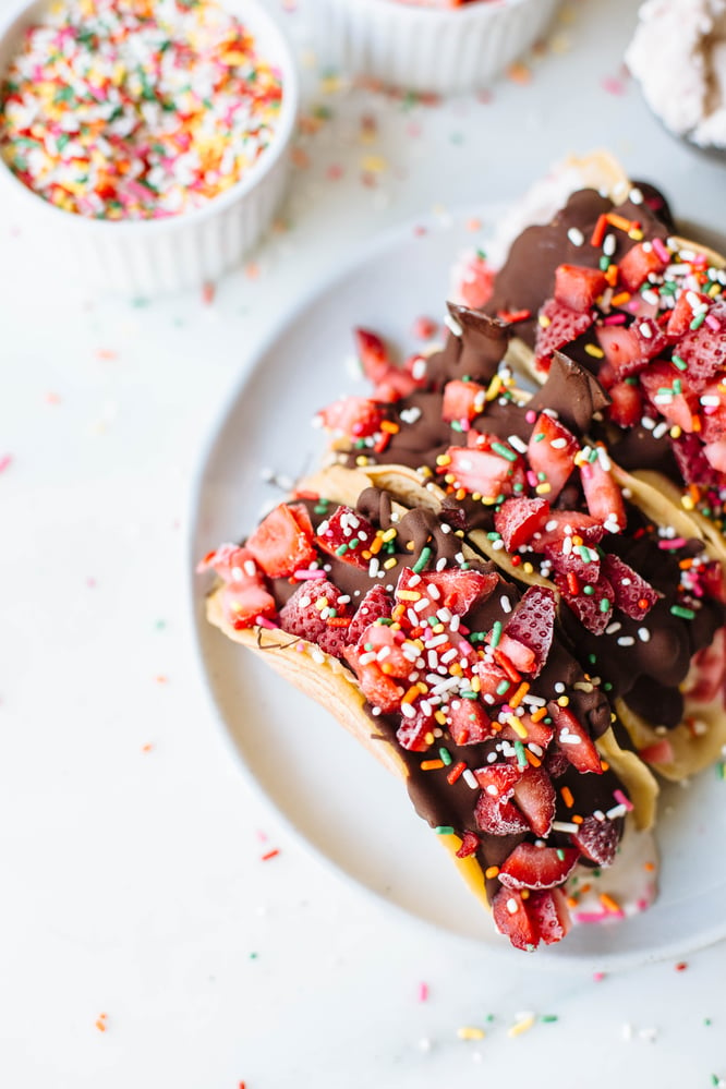 strawberry and chocolate tacos with sprinkles