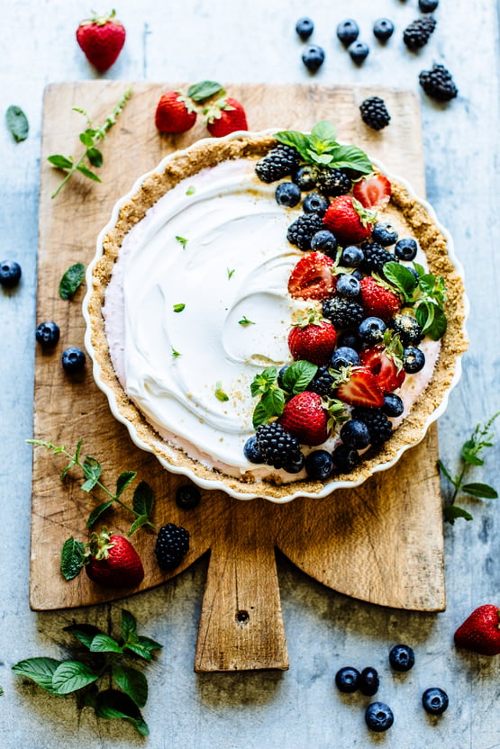 greek yogurt berry tart on a cutting board