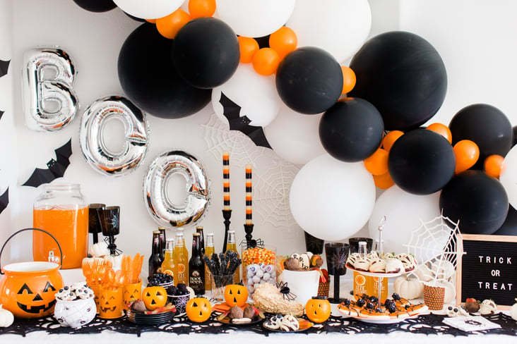 Halloween party table spread and decorations