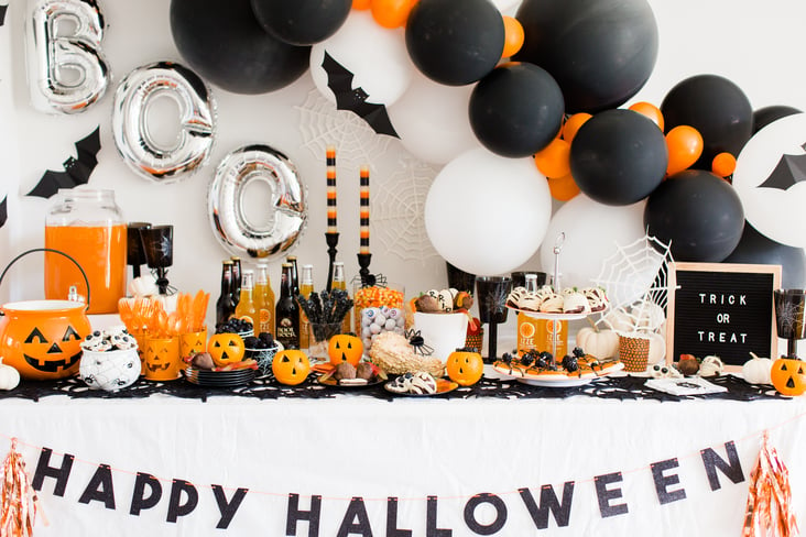 kid halloween party decor and table spread