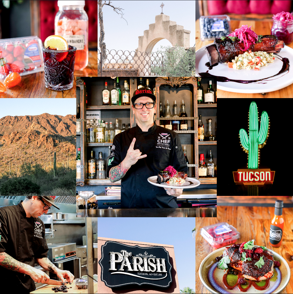 A collage of pictures showcasing Travis Peters' restaurant with him front and center